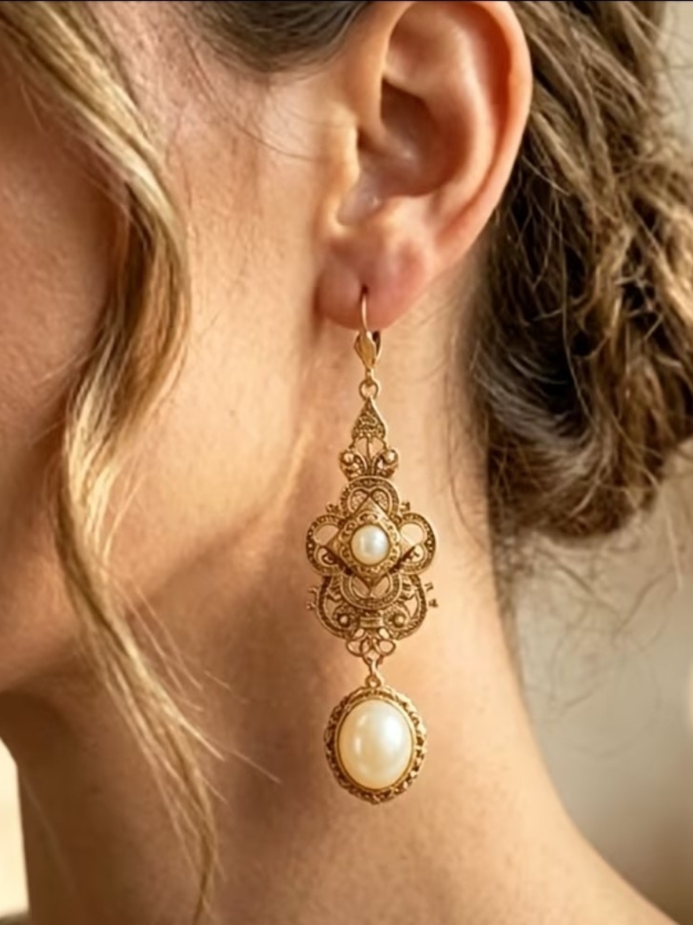 Vintage Victorian Style Antiqued GP Filigree Faux Pearl Drop Earrings